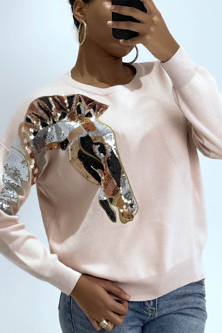 Pull rose à motif cheval en sequins - 1