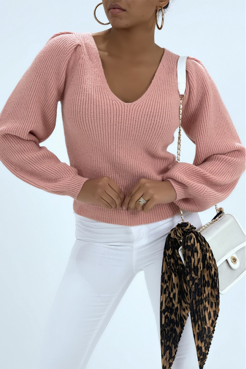 Powder pink v-neck sweater with balloon sleeves - 3
