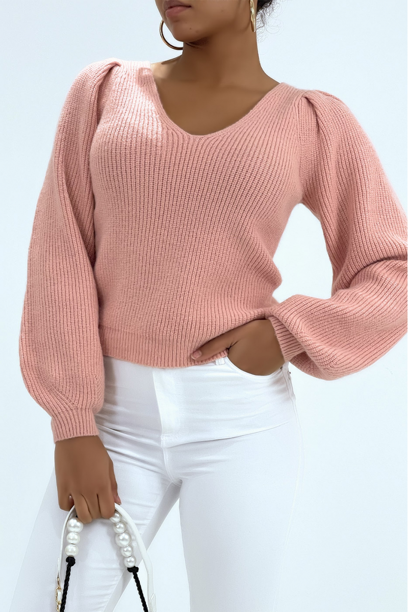 Powder pink v-neck sweater with balloon sleeves - 4