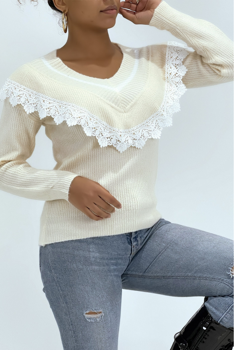 Classic beige V-neck sweater with lining and lace effect - 1
