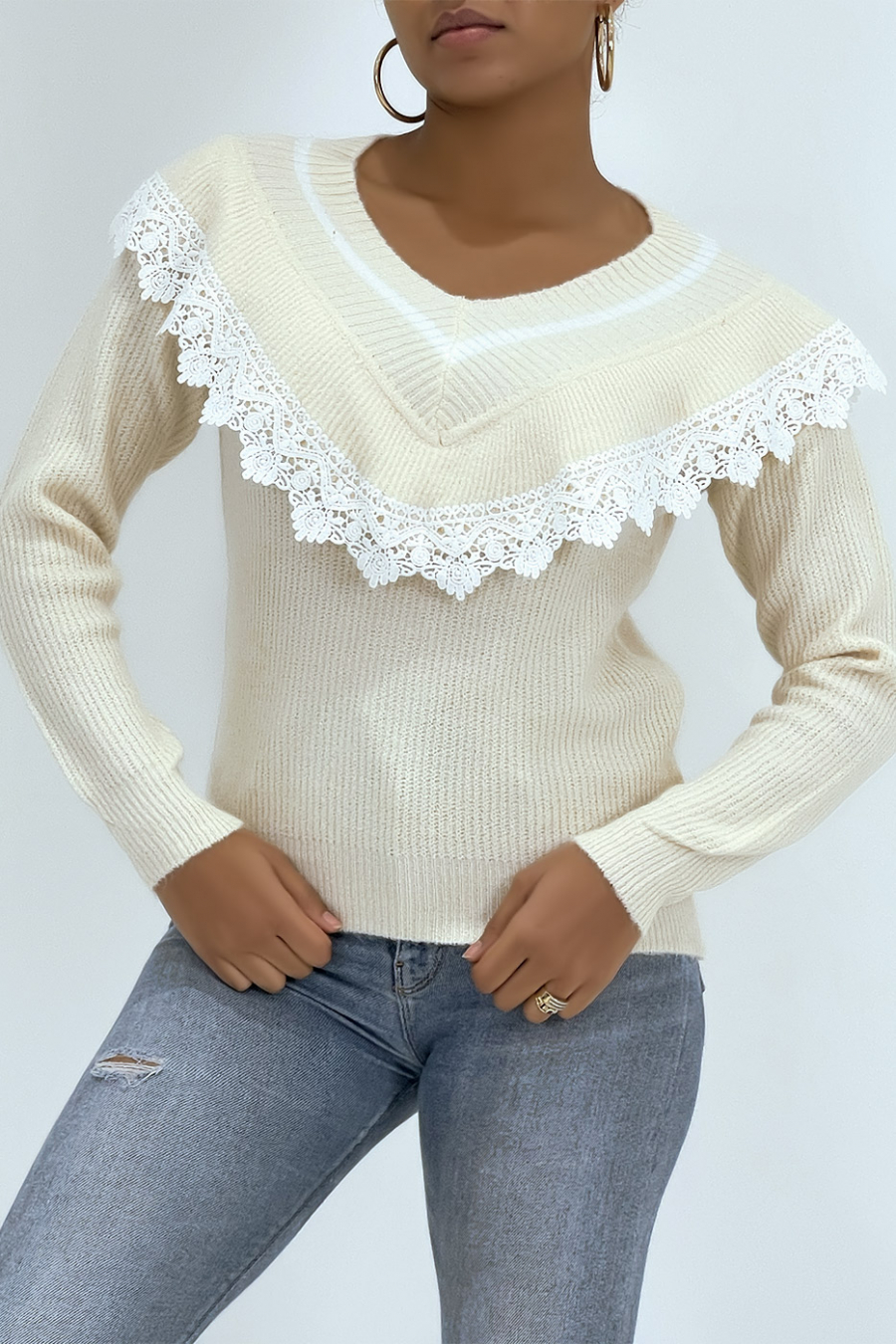 Pull col V classique beige effet doublure et dentelle - 4