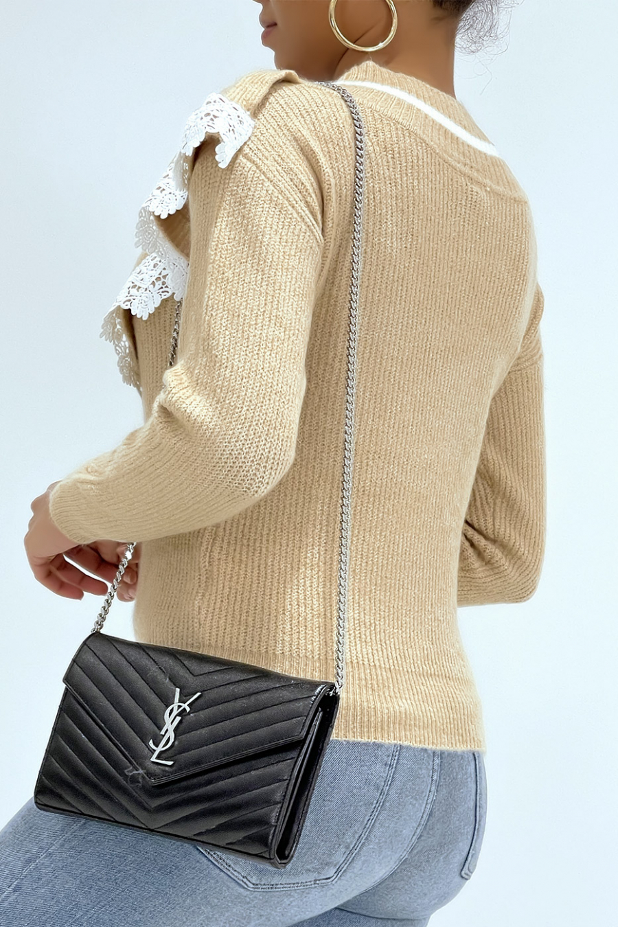 Classic taupe V-neck sweater with lining and lace effect - 1