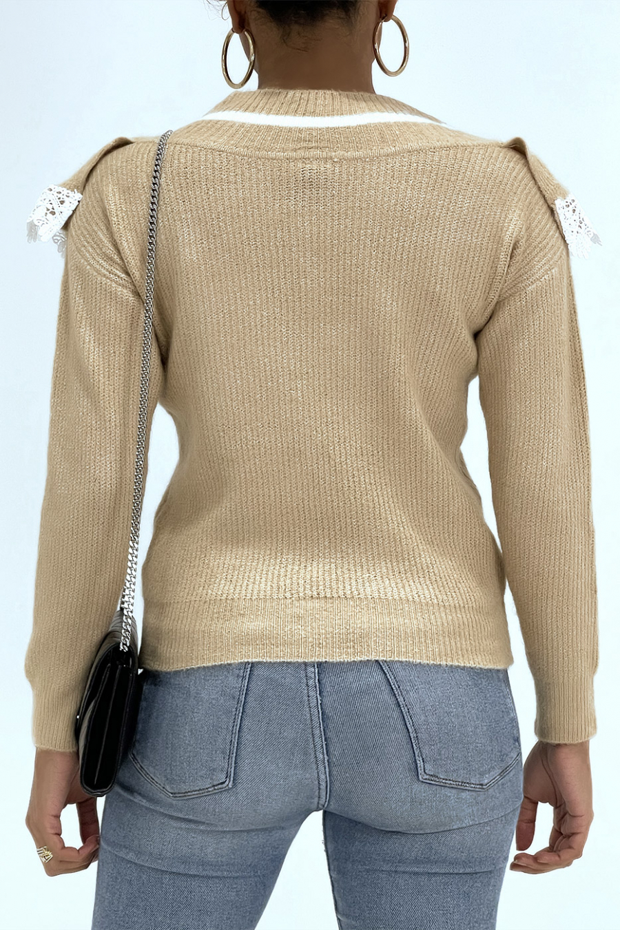 Classic taupe V-neck sweater with lining and lace effect - 2