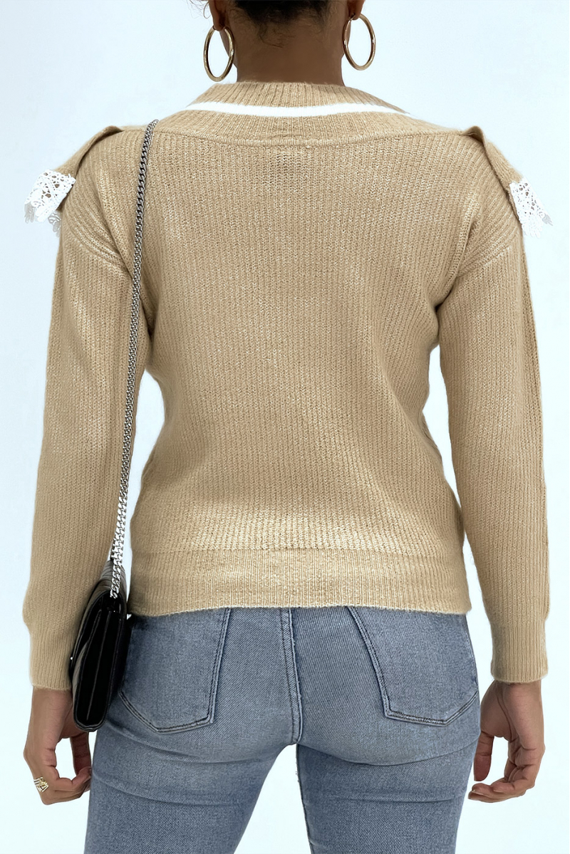 Classic taupe V-neck sweater with lining and lace effect - 2