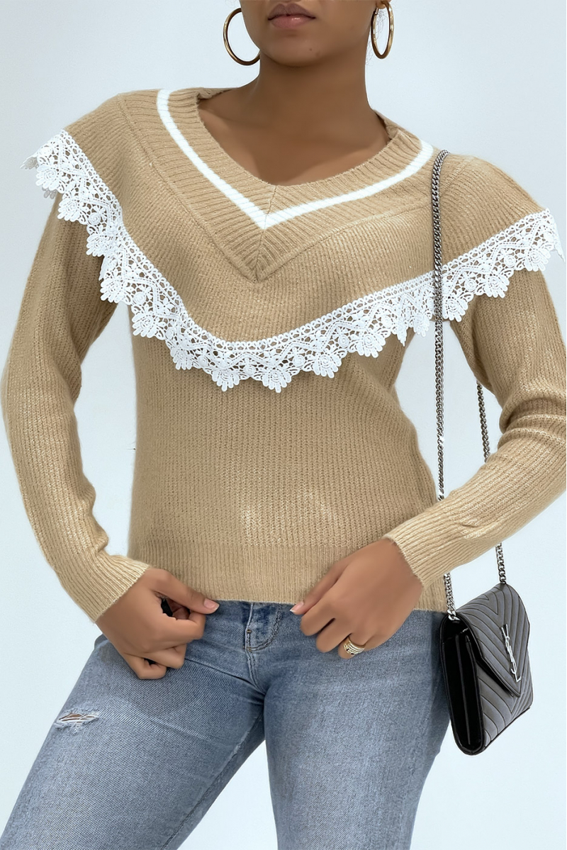 Classic taupe V-neck sweater with lining and lace effect - 5