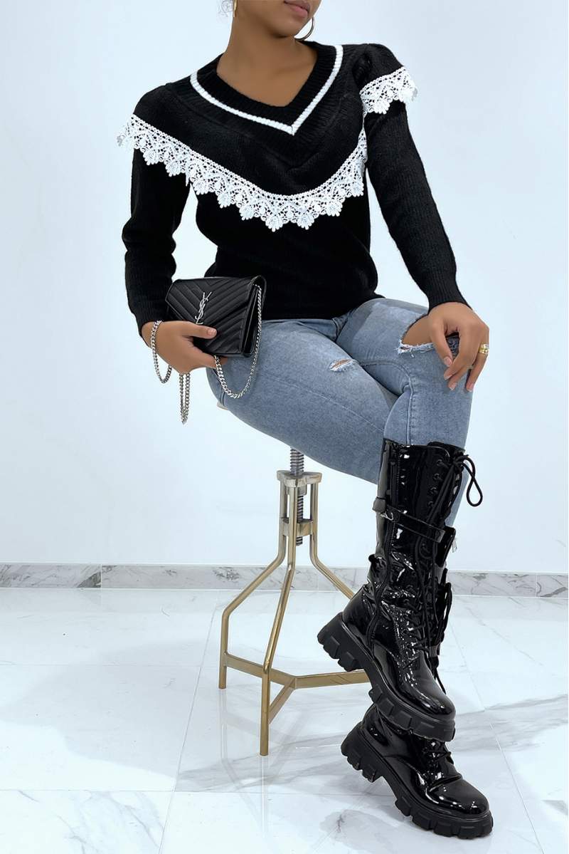 Classic black V-neck sweater with lining and lace effect - 1