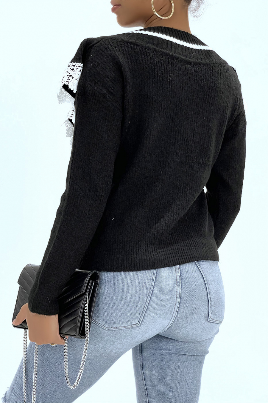 Classic black V-neck sweater with lining and lace effect - 2