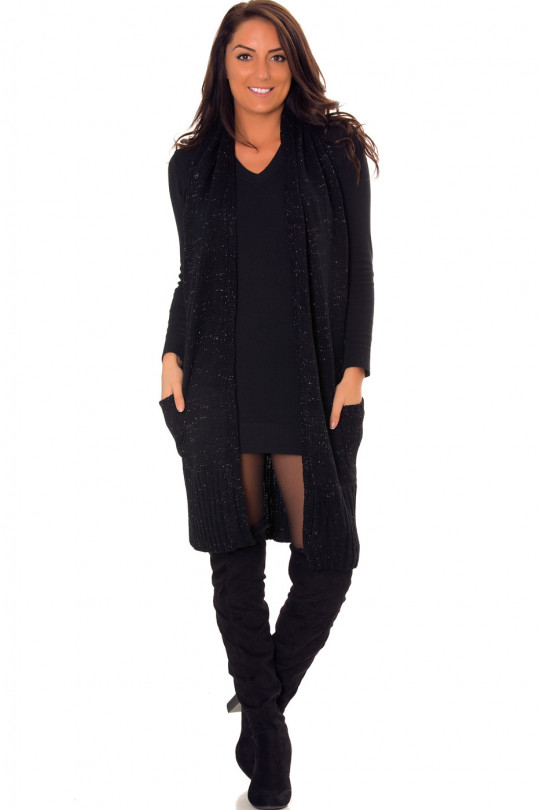 Long black knitted vest, sleeveless, open back and pockets. PU+282 - 1