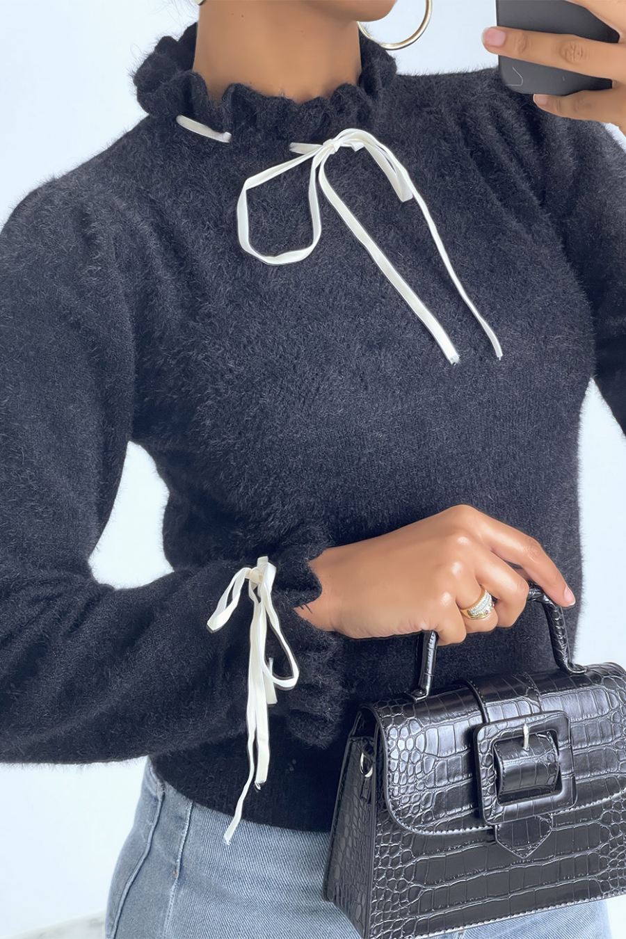 Black fluffy sweater with ruffle high neck and lace - 5