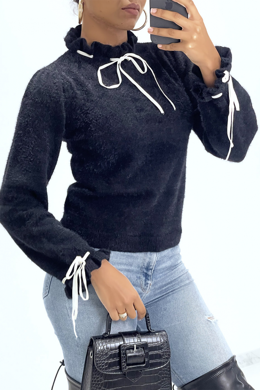 Black fluffy sweater with ruffle high neck and lace - 6