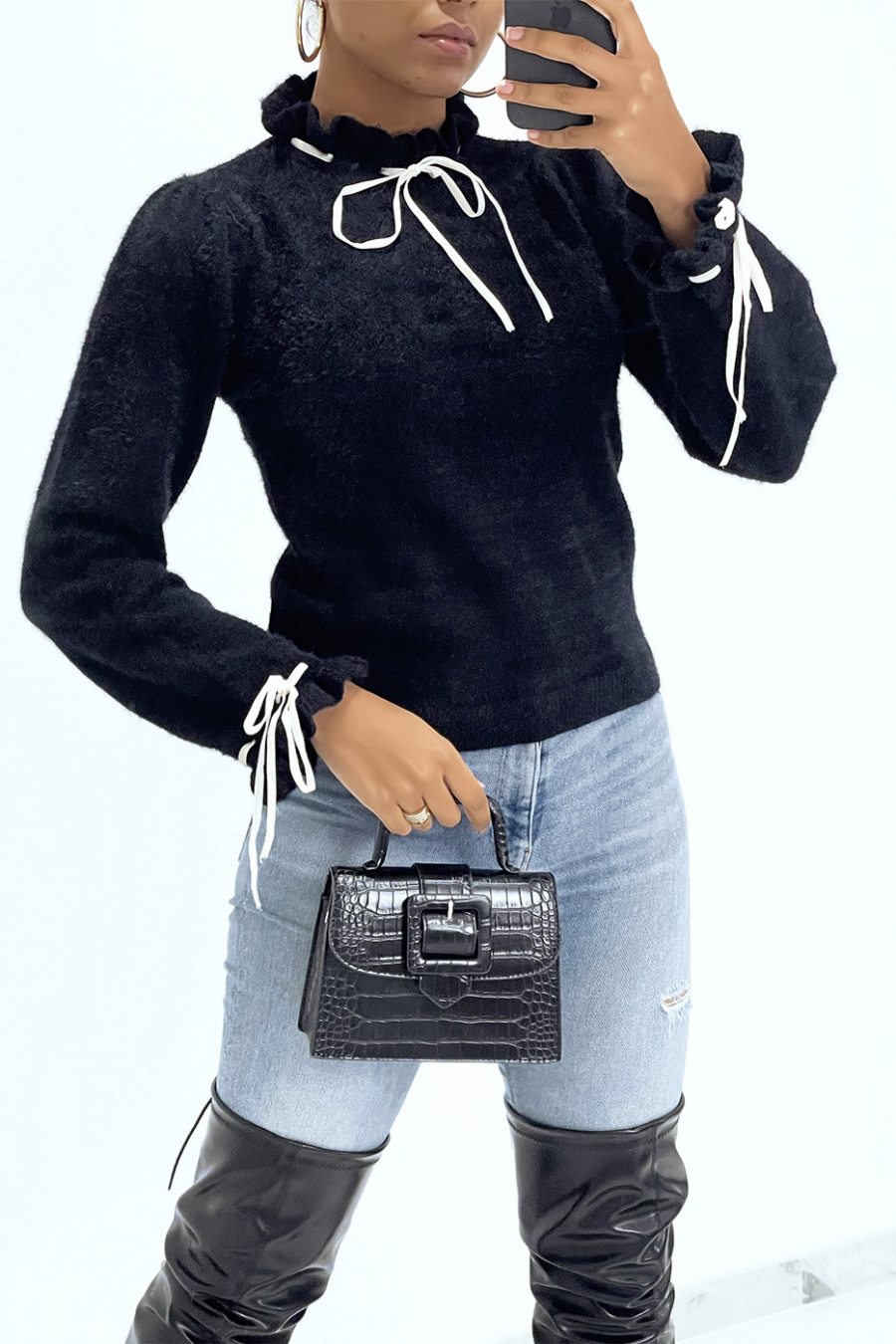 Black fluffy sweater with ruffle high neck and lace - 9