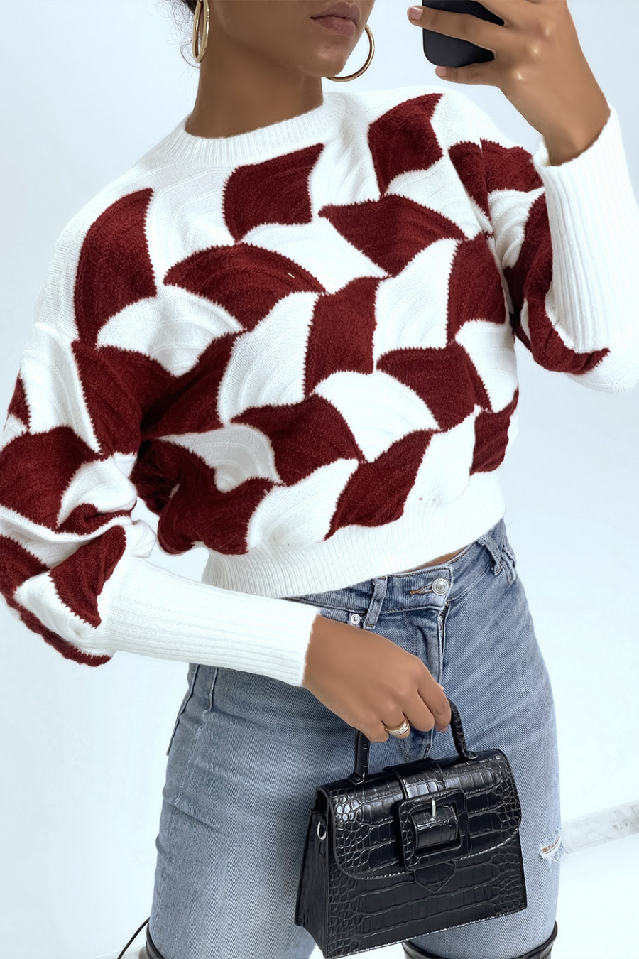 Two-tone white and burgundy red sweater with puff cutout - 1