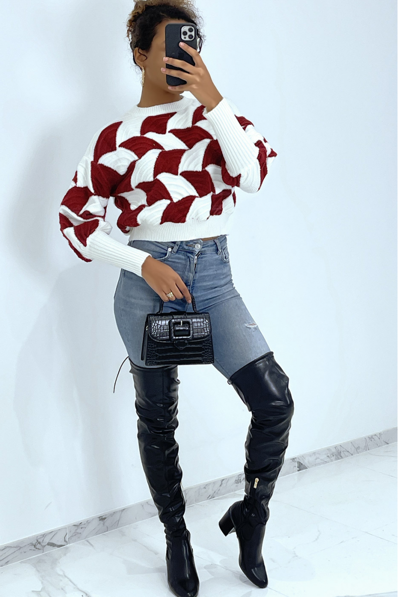 Two-tone white and burgundy red sweater with puff cutout - 2