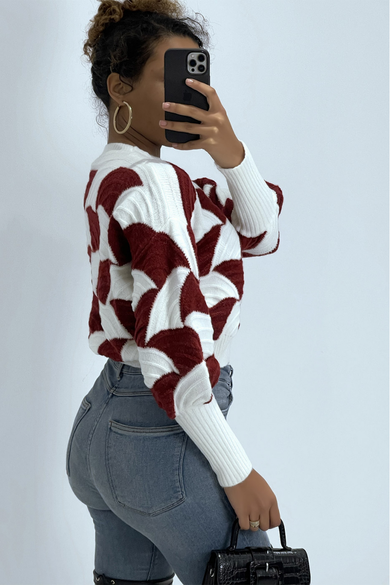 Two-tone white and burgundy red sweater with puff cutout - 4