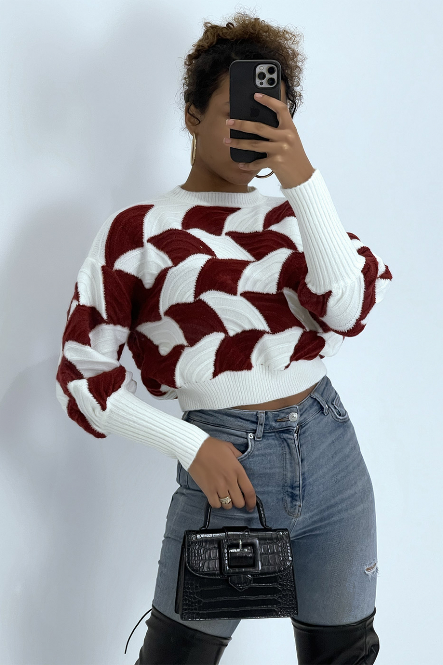 Pull bicolore blanc et rouge bordeaux à découpe bouffante - 5