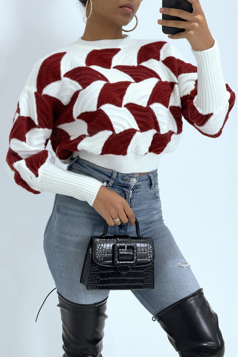 Two-tone white and burgundy red sweater with puff cutout - 6