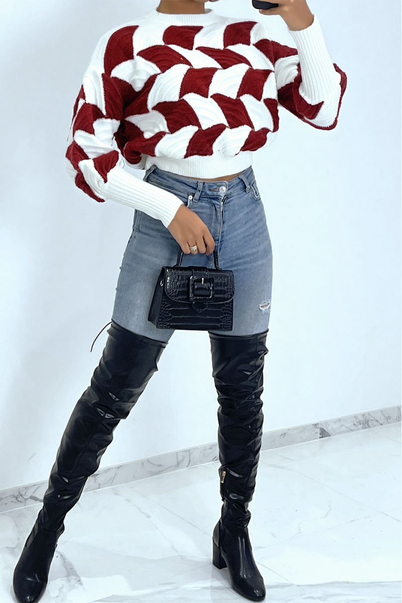 Two-tone white and burgundy red sweater with puff cutout - 7