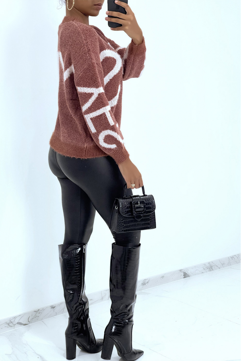 Pull peau de pêche épais couleur cognac à inscription style vintage - 3