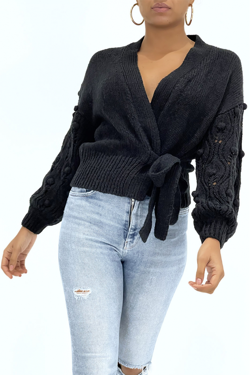 Black chunky knit wrap with pompom sleeves - 1