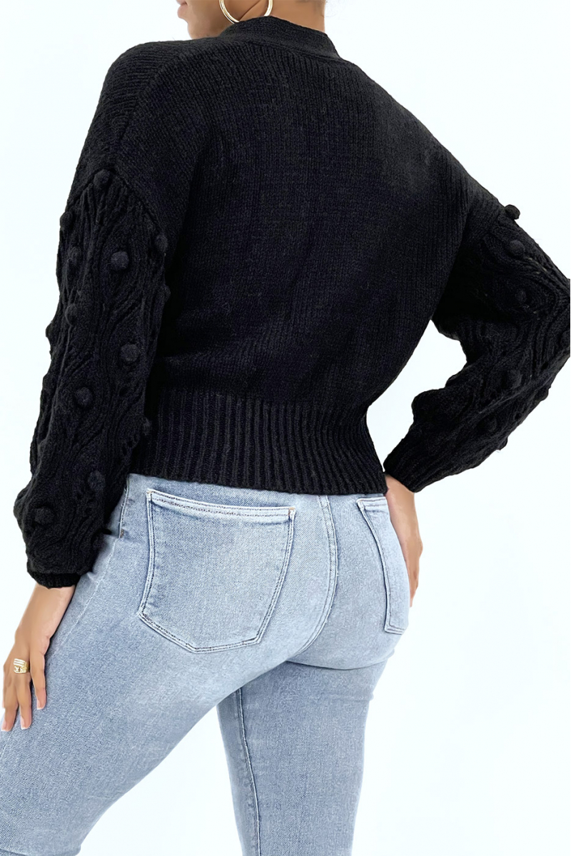 Black chunky knit wrap with pompom sleeves - 4