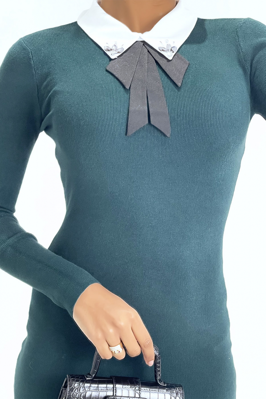 Robe pull moulante vert sapin à col claudine et nœud très chic - 2