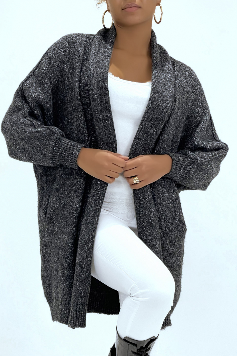 Dark gray thick cardigan with 3/4 sleeves - 1