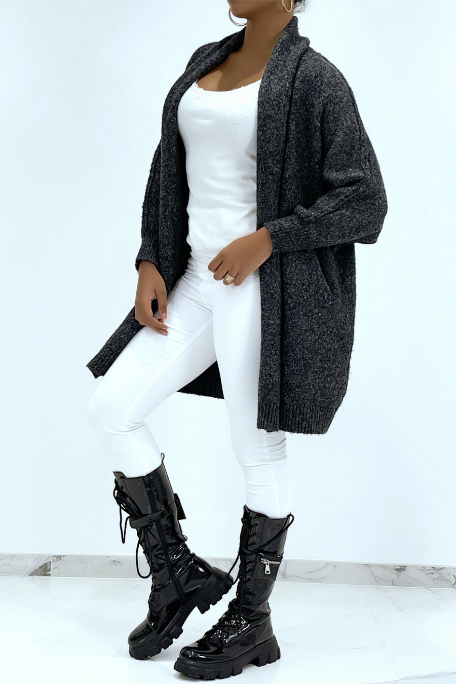 Gilet épais gris foncé à manches 3/4 - 4