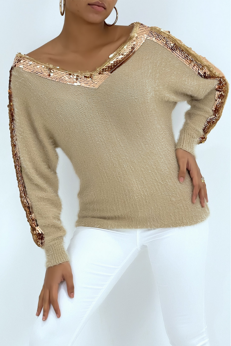 Super soft mid-length taupe sweater with a glittery stripe from the collar to the sleeves - 2