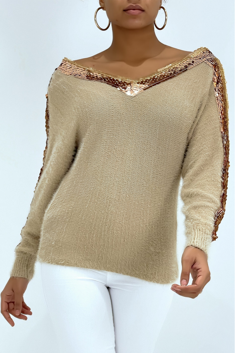 Super soft mid-length taupe sweater with a glittery stripe from the collar to the sleeves - 1