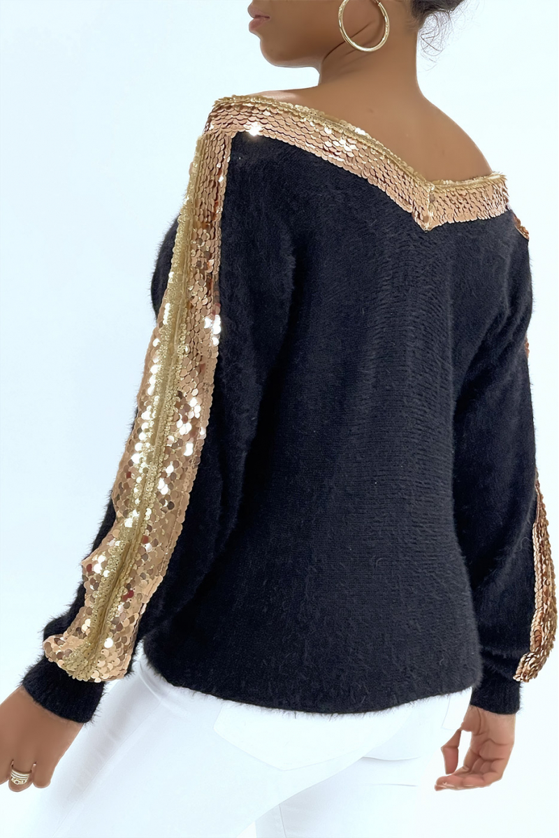 Super soft black mid-length sweater V-neck with sequined stripe from the collar to the sleeves - 3