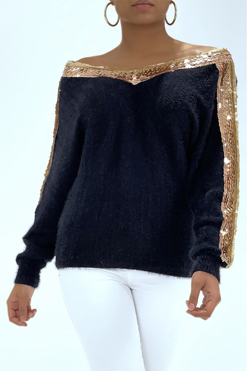 Super soft black mid-length sweater V-neck with sequined stripe from the collar to the sleeves - 4