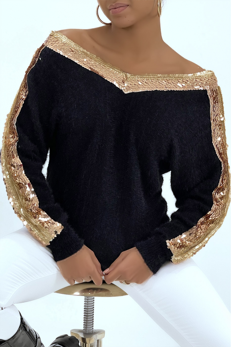 Super soft black mid-length sweater V-neck with sequined stripe from the collar to the sleeves - 5