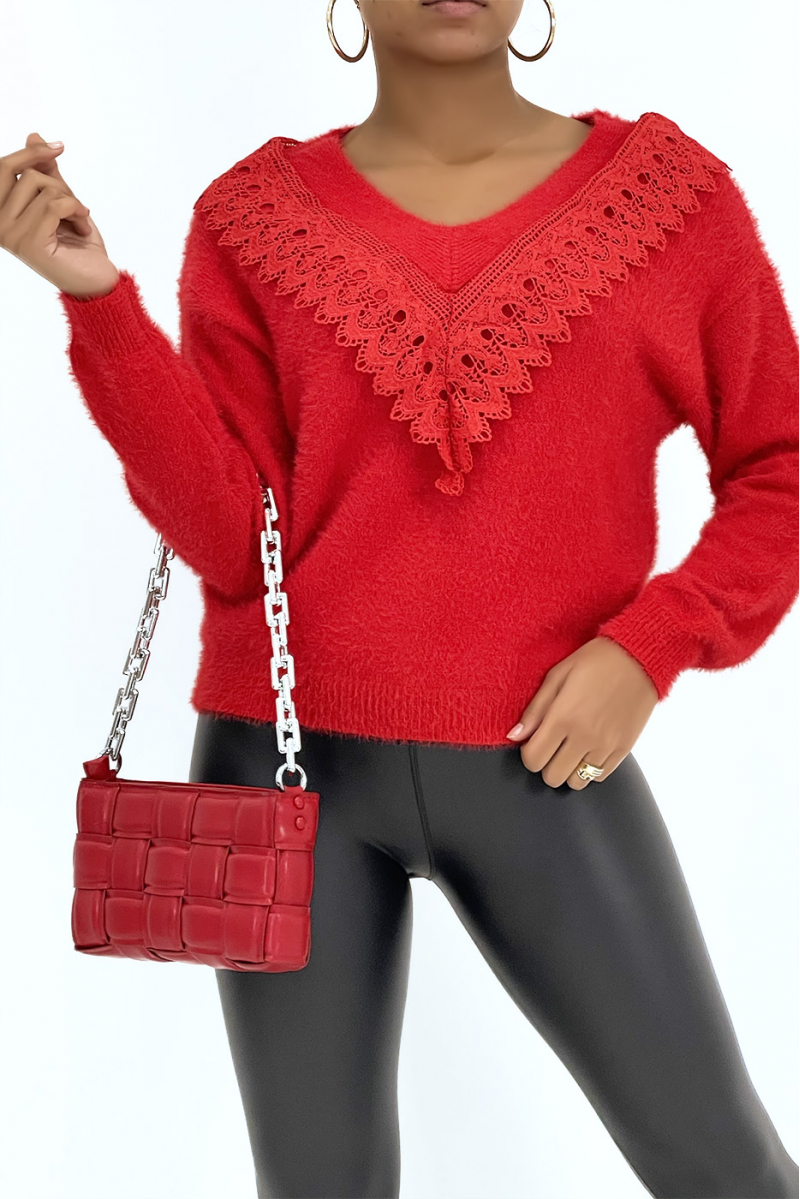 Red fluffy sweater with lace on the V-neck - 4