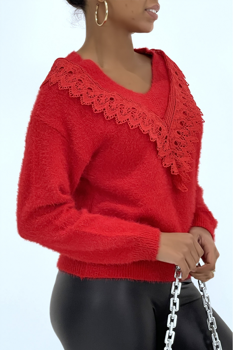 Red fluffy sweater with lace on the V-neck - 2