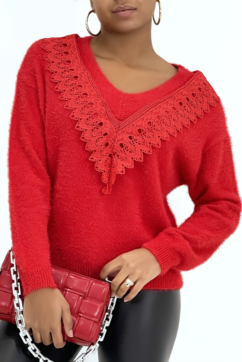 Red fluffy sweater with lace on the V-neck - 1