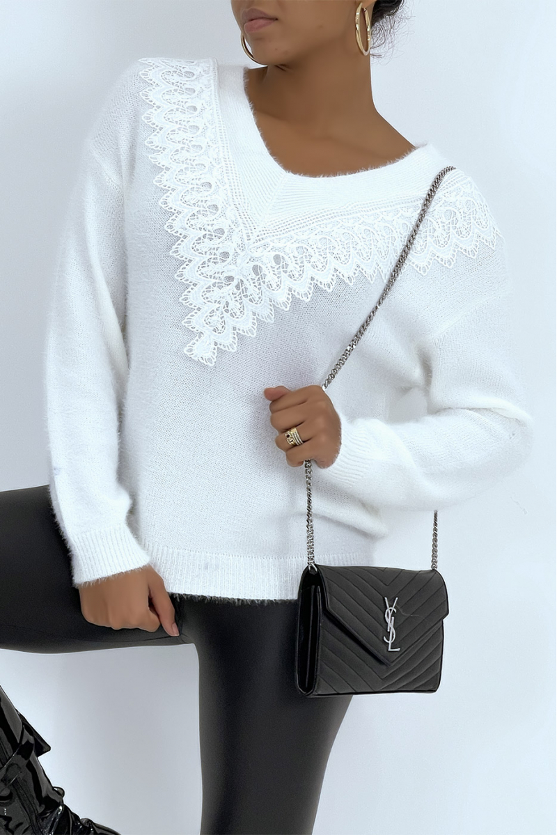 White fluffy sweater with lace on the V-neck - 1
