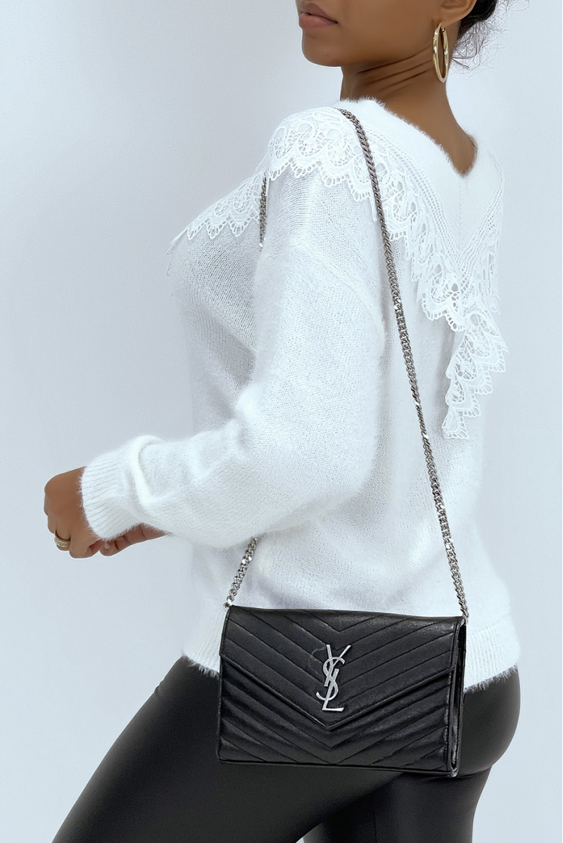 White fluffy sweater with lace on the V-neck - 4
