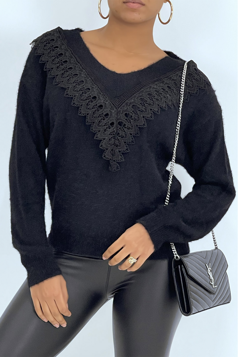 Black fluffy sweater with lace on the V-neck - 2
