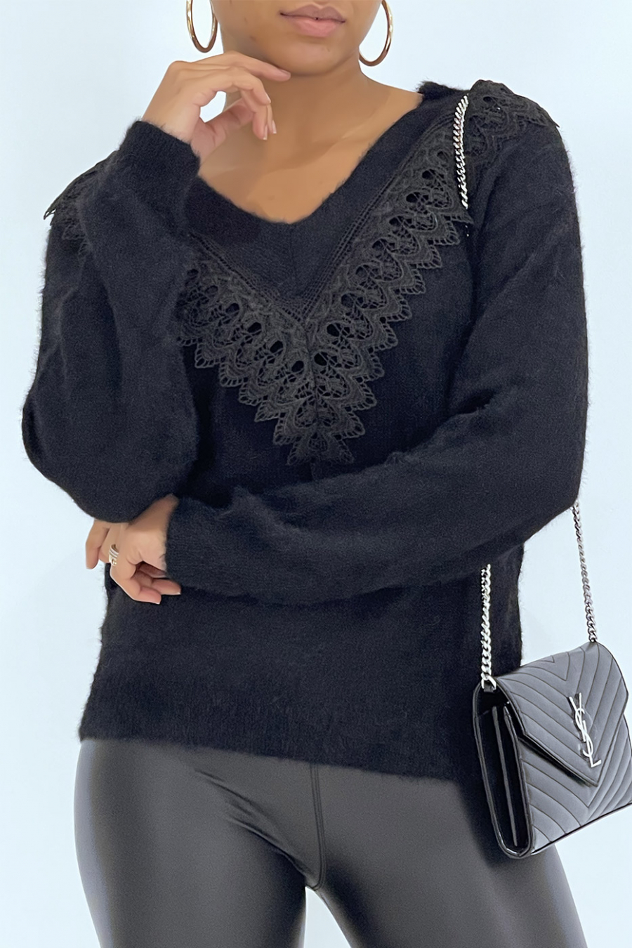 Black fluffy sweater with lace on the V-neck - 1