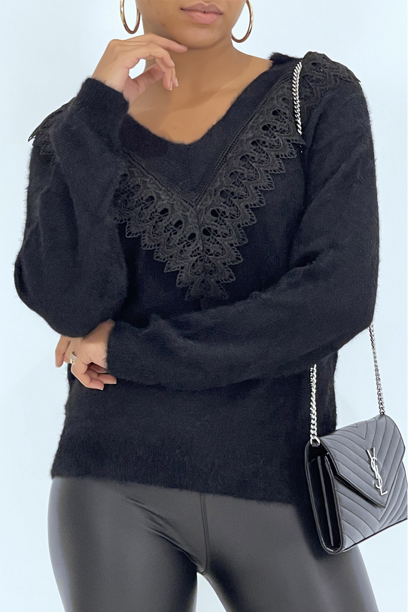 Black fluffy sweater with lace on the V-neck - 1