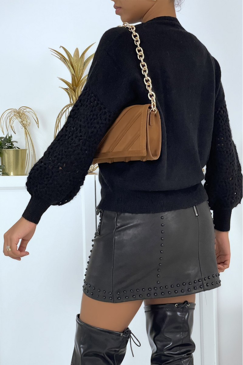 Warm and soft black cropped sweater with round neck puff sleeve and embossed details - 2