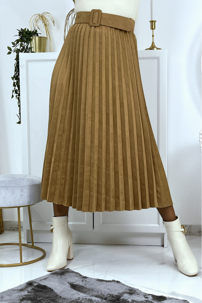 Long camel pleated velvet-effect skater skirt with belt at the waist - 3