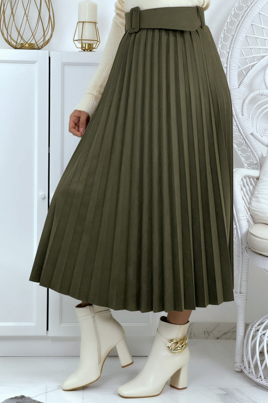 khaki skater skirt outfit