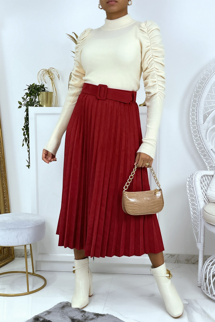 Burgundy red long velvet pleated skater skirt with belt at the waist