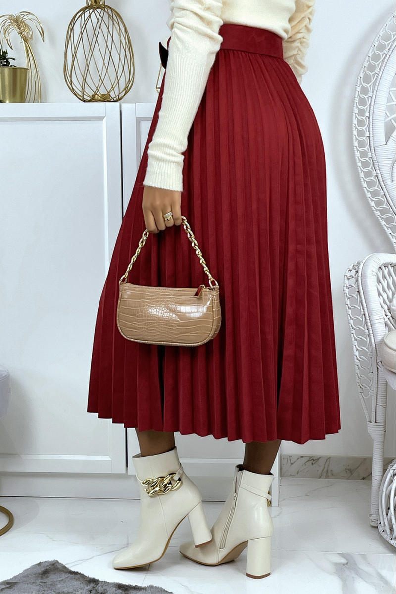 Burgundy red pleated skater skirt, long velvet effect with belt at the waist - 3