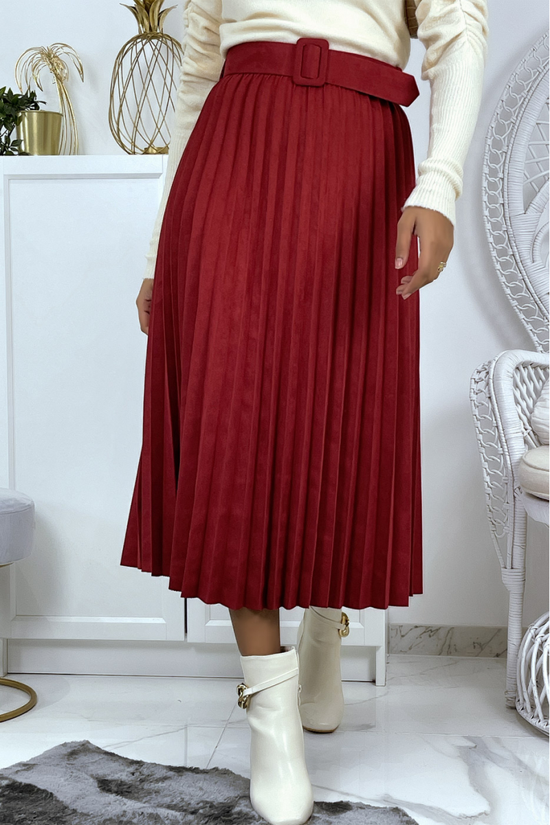 Burgundy red pleated skater skirt, long velvet effect with belt at the waist - 4
