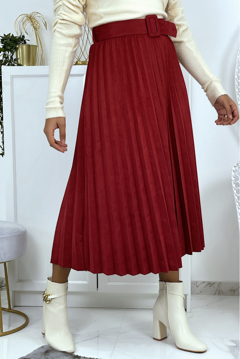 Burgundy red pleated skater skirt, long velvet effect with belt at the waist - 5