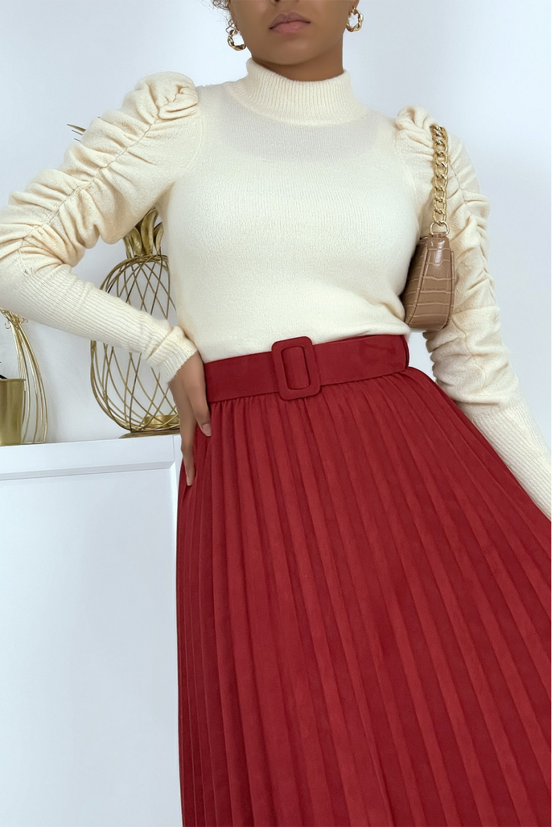 Burgundy red pleated skater skirt, long velvet effect with belt at the waist - 6