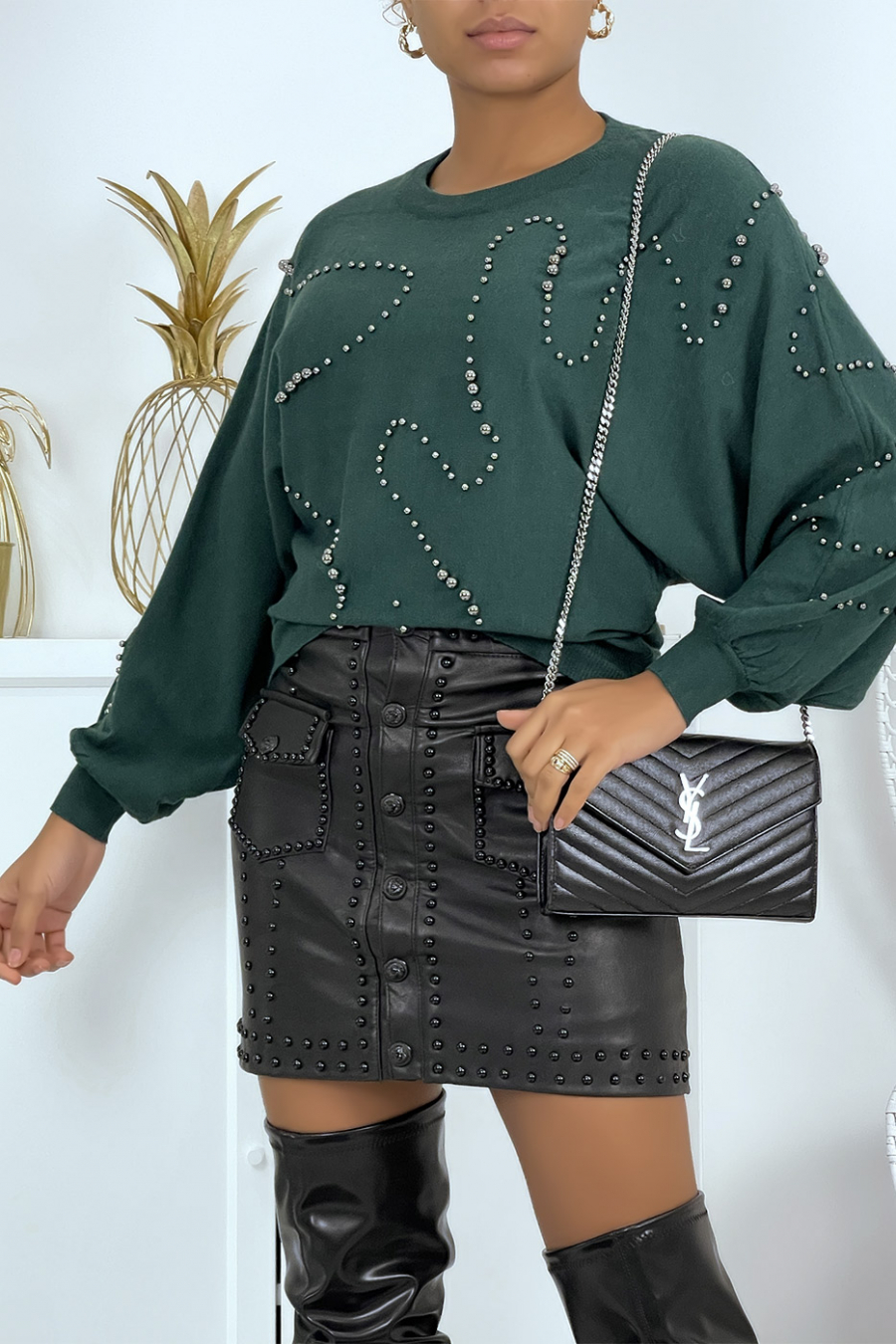 Fluid green studded bat sleeve sweater - 2