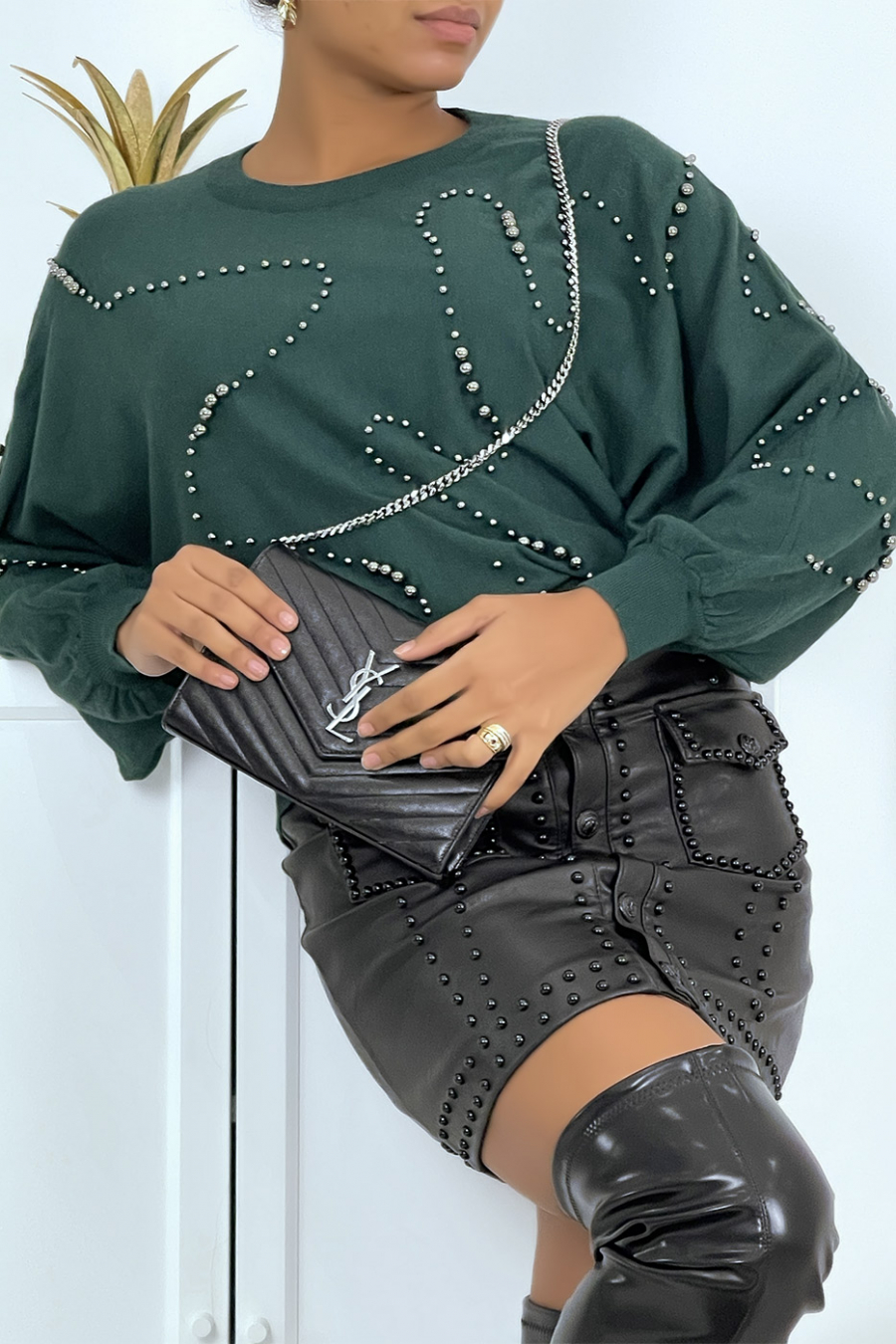 Fluid green studded bat sleeve sweater - 3